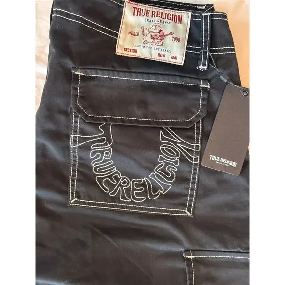 NWT True Religion Outline Graphic Letter Cargo Pants Jet Black Size 36 Rare Y2K